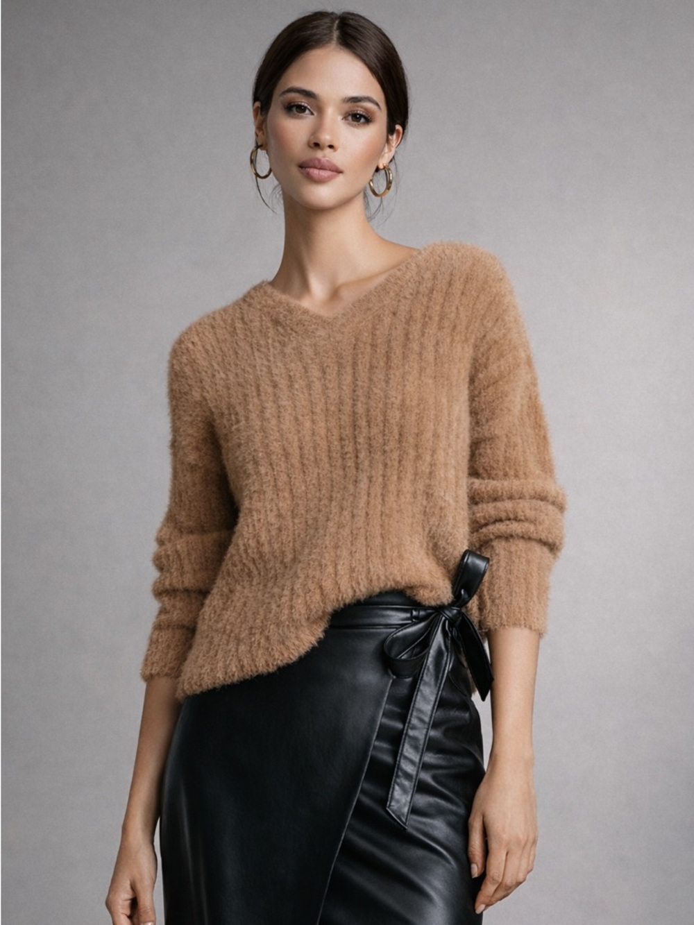 Babaton Fuzzy Kint V-Neck Sweater Ullman Camel Soft Cozy Pullover